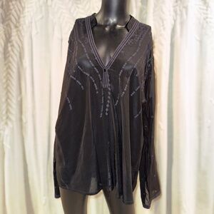 Johnny Was Navy, 100%  Cupra Rayon Embroidery  Caftan Top – Size  L – Boho Chic"